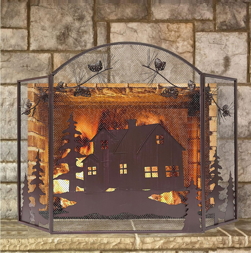 Rustic 3-Panel Fireplace Screen with Pine Cone Metal Mesh Design