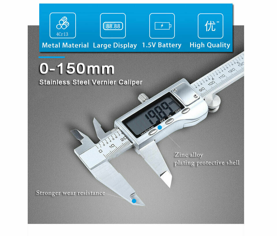 150mm Stainless Steel Digital Caliper Vernier Electronic Measuring Ruler Tool