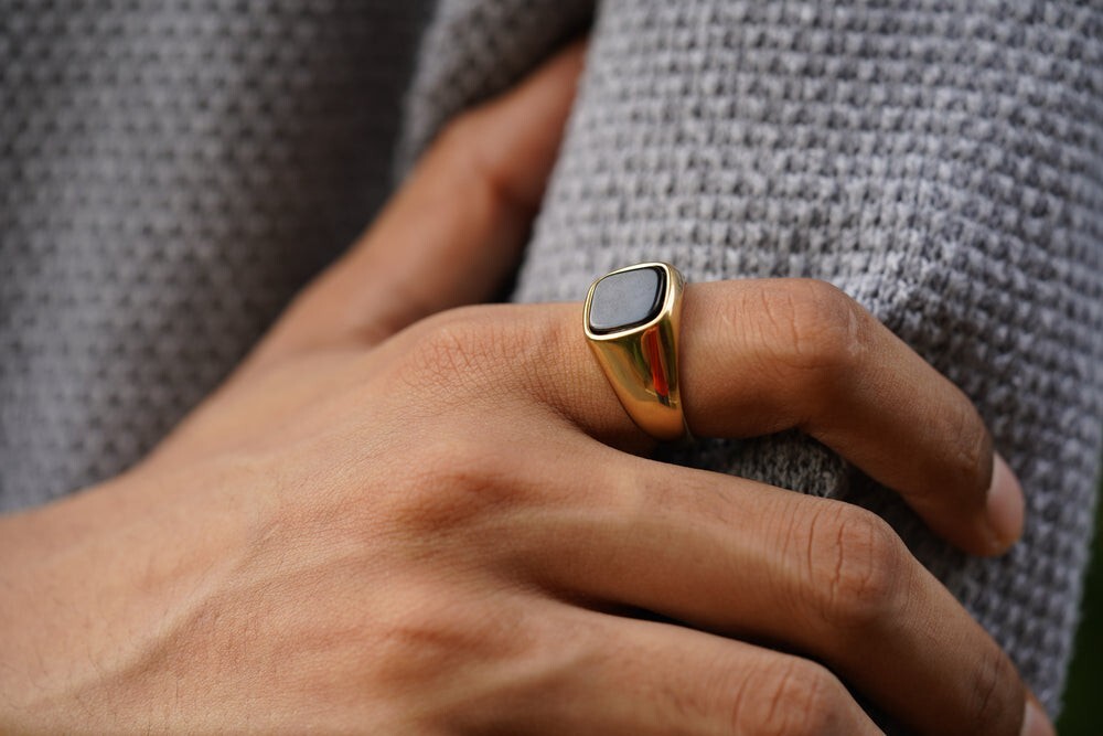 Cushion Black Onyx Ring in Silver or Gold Natural Gemstone Ring For Husband Mens