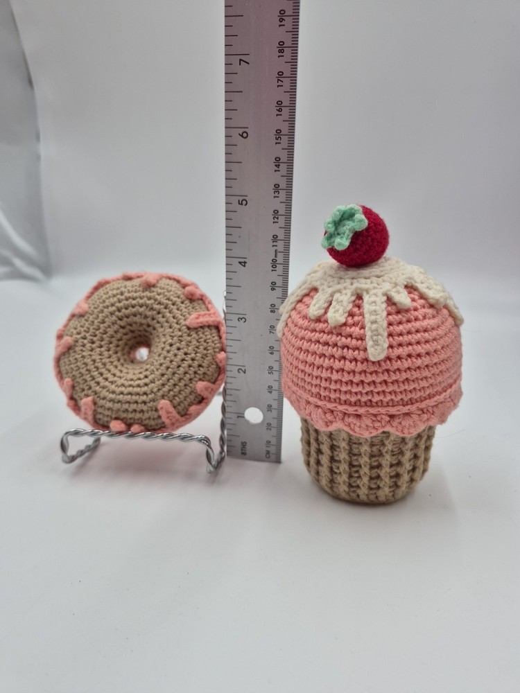 Crocheted mini Strawberry Cupcake And Donut