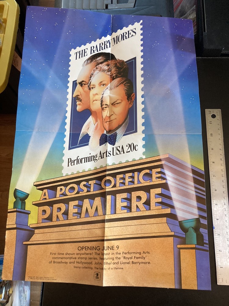 1982 Vintage USPS Performing Arts POST OFFICE Stamp POSTER , THE BARRYMORES !!