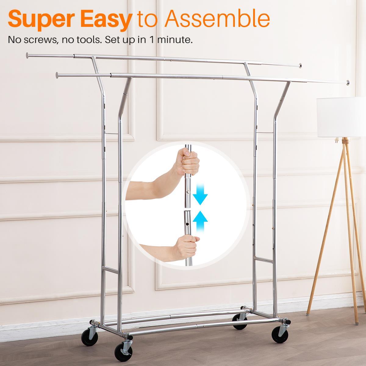 Heavy Duty Collapsible Commercial Clothing Garment Rack Rolling Chrome US