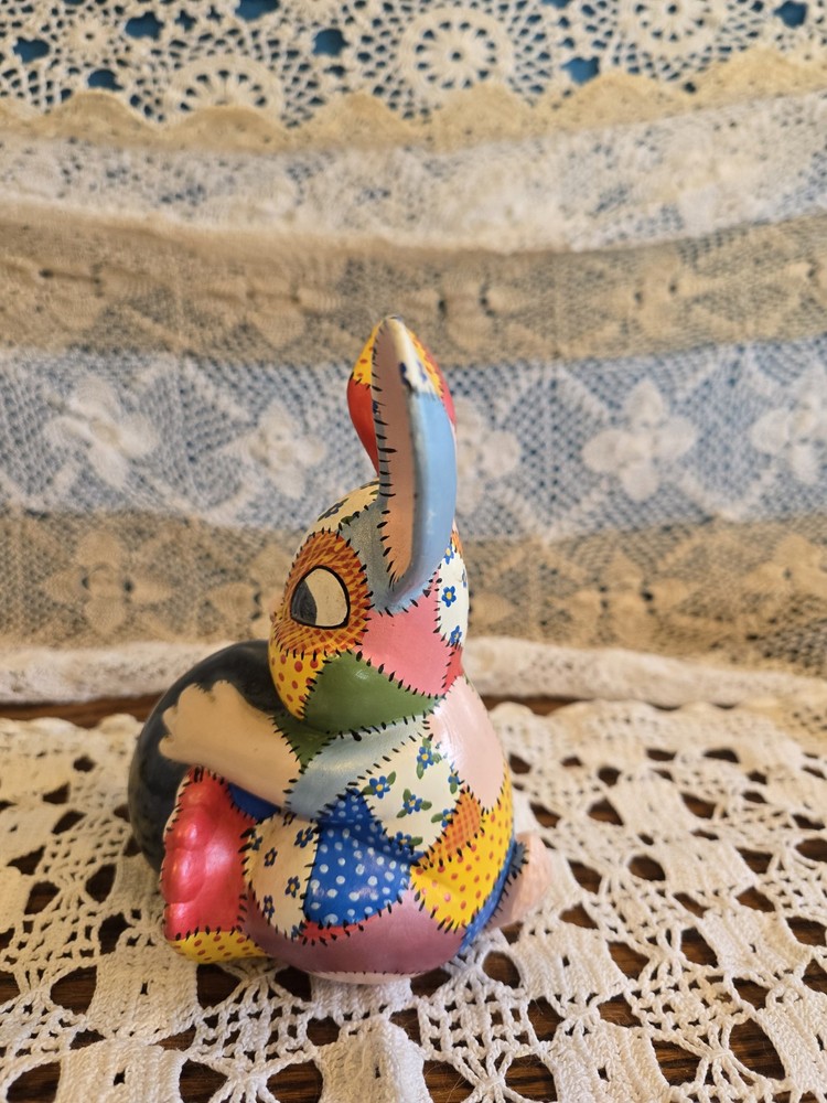 Vintage Hand Painted Ceramic Mold Easter Bunny Rabbit Patchwork 1977 6.5"