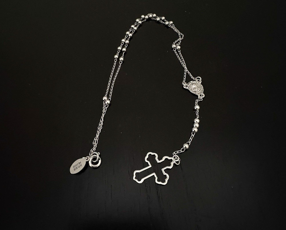 ATI Mexico 925 Sterling Silver Rosary Necklace 12" Guadalupe Medal