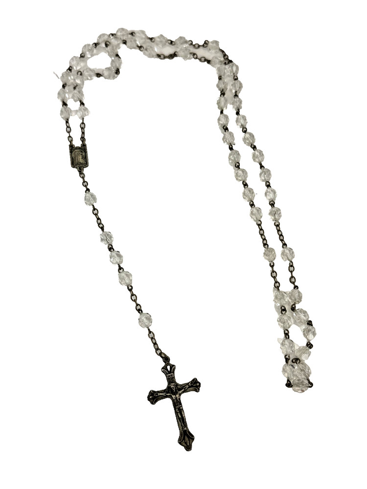 Vintage Clear Faceted Bead Rosary Necklace Crucifix Marian Center Medal Silver