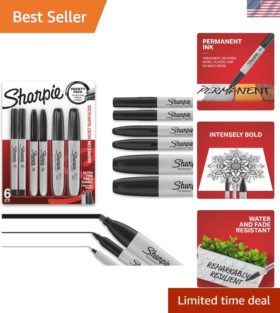 Vivid Black Permanent Markers - 6 Count Set with Multi-Surface Tips for All Ages