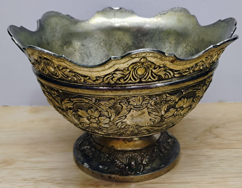 Silver Plated Bowl With Crown Rim & Repoussé Ornate Design Patina 5.5" diameter