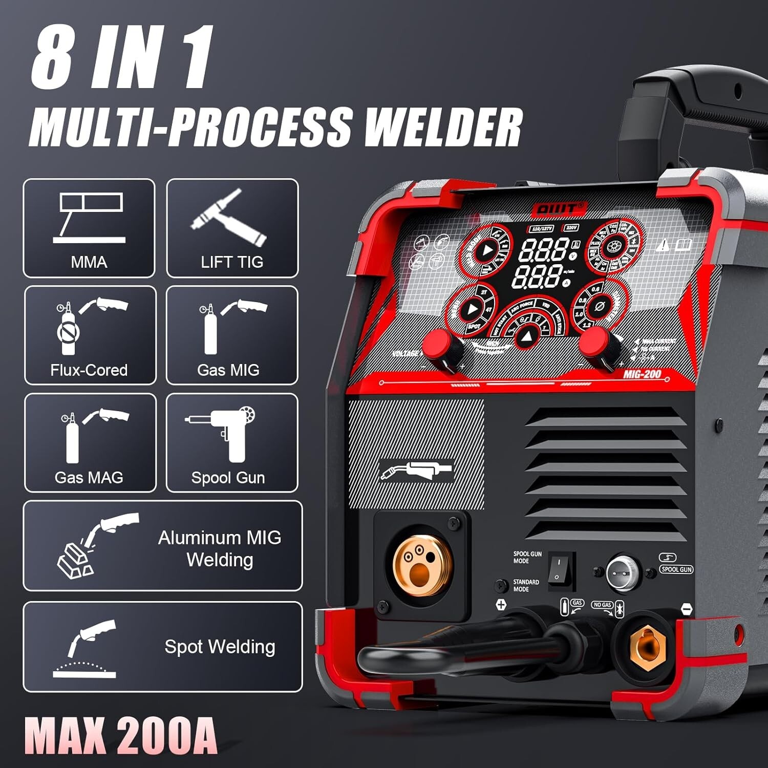 200 Amp MIG Welder, 8 in 1 Multi-Process Aluminum Welding Machine LED Digital