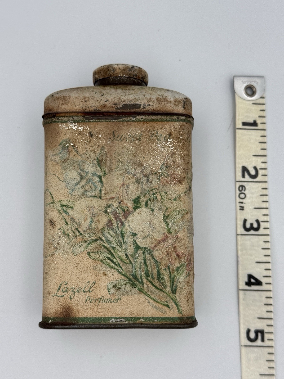 Antique Lazell Sweet Pea Talc Tin c1910 Advertising Floral Patina Cottagecore