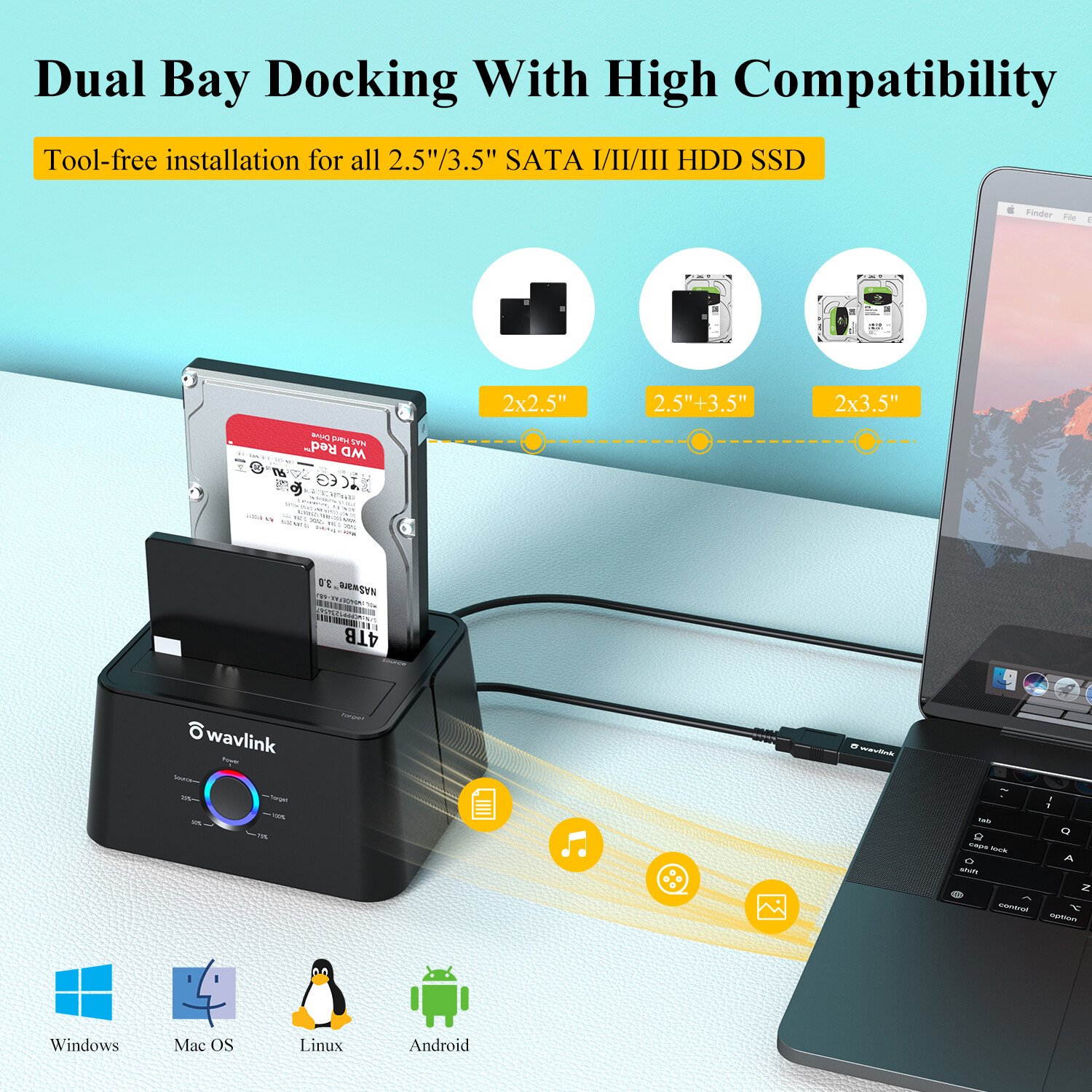 USB 3.0 to SATA External Hard drive Docking Station, Dual Bay &2.5" 3.5"HDD/SDD