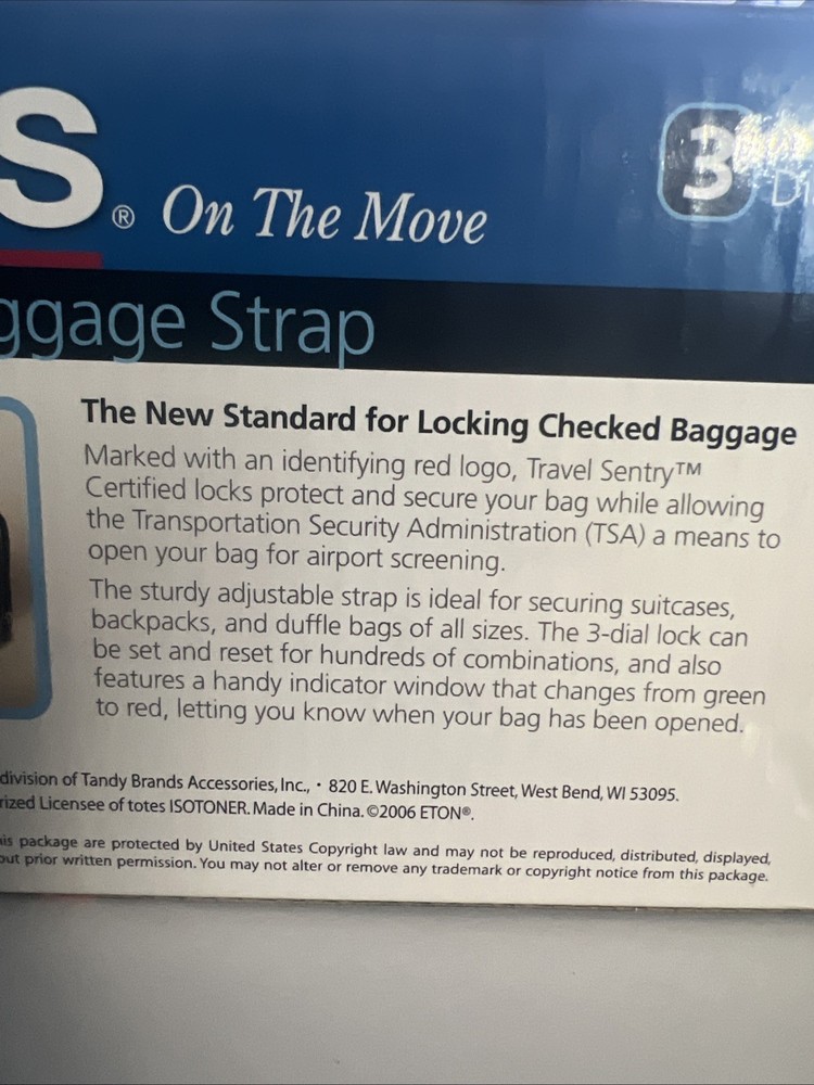 Totes Locking Luggage Strap 3 Dial Combination 77 inch Strap