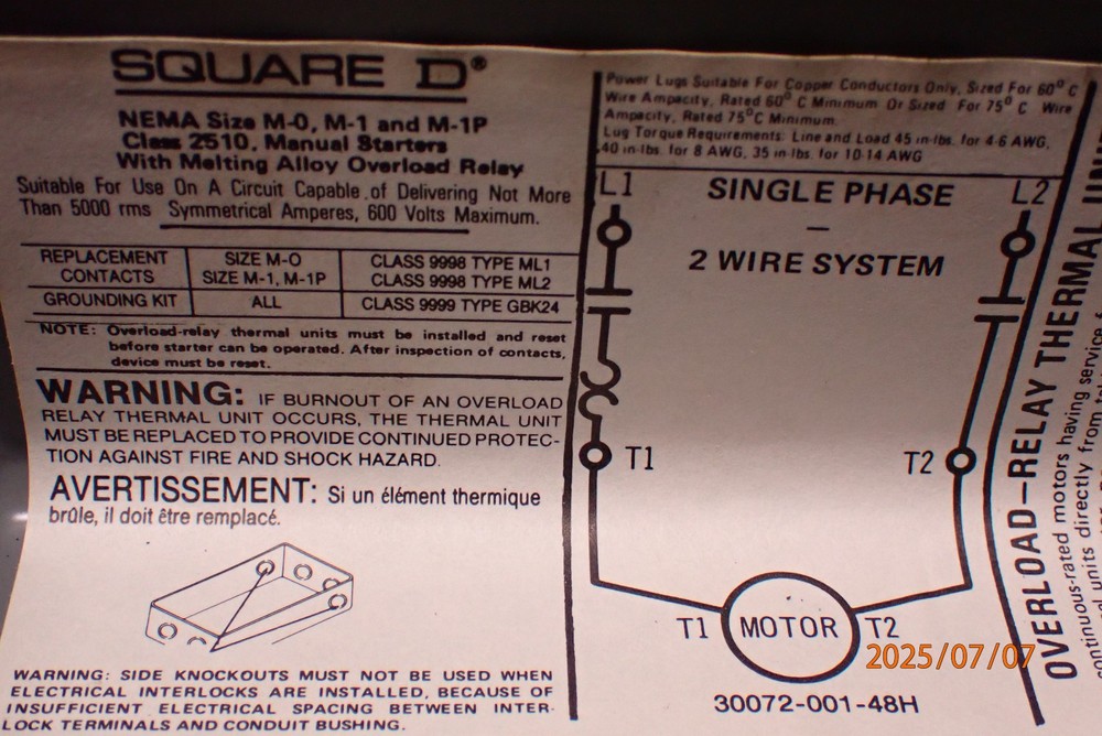 SQUARE D MANUAL STARTER SWITCH 1 PHASE PUSH BUTTON FOR MACHINES
