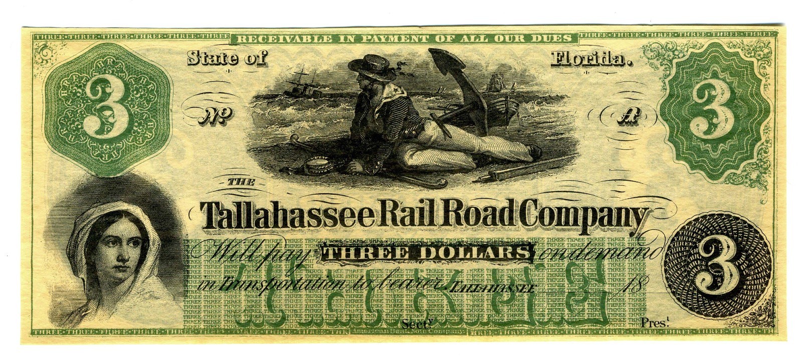 CURRENCY – TALLAHASSEE RAIL ROAD COMPANY -  $3 – UNISSUED -NM CONDITION - CRISP