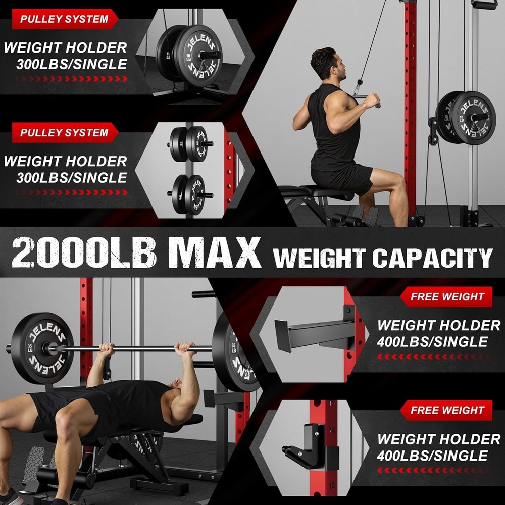 Power Rack Cage, Weight Rack with Dual Pulley Cable Crossover Machine,Multi-Func