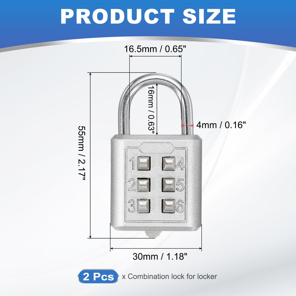 2Pcs Push Button Combination Padlock 6-Digit 3-Position Lock Silver