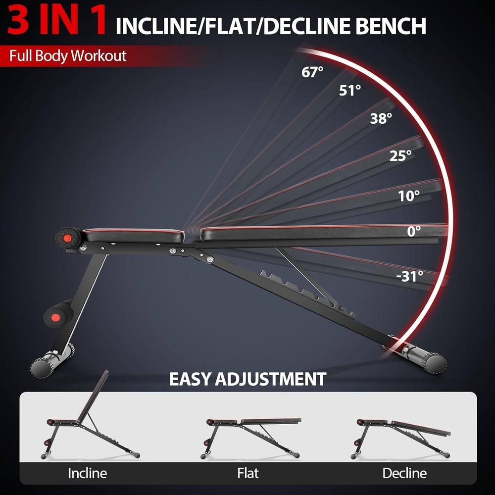 Adjustable Weight Bench Foldable Incline Decline Flat Workout Bench 660lb