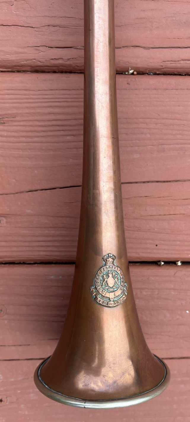 Signed George Potter Copper Brass Silver Long Fox Hunting Horn Wicker Sheath