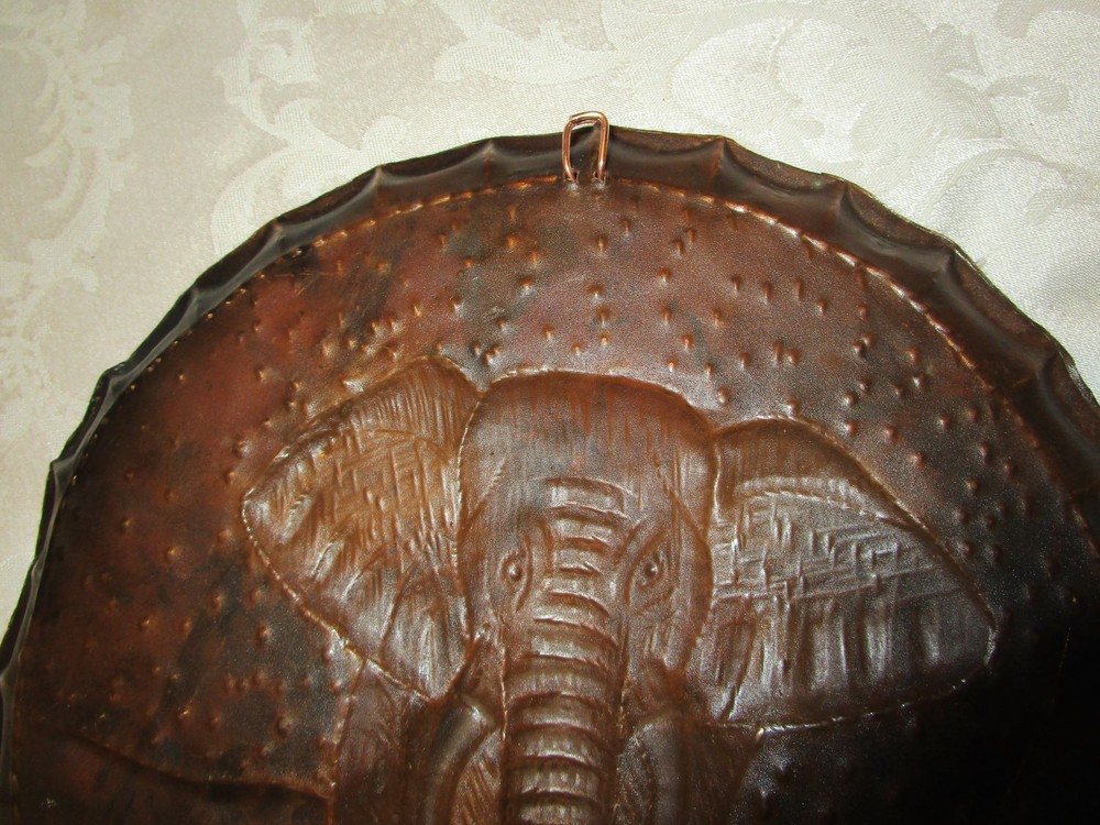 Vintage Wall hanging solid Copper Embossed plaque Elephant Scene Hammered 10.25”
