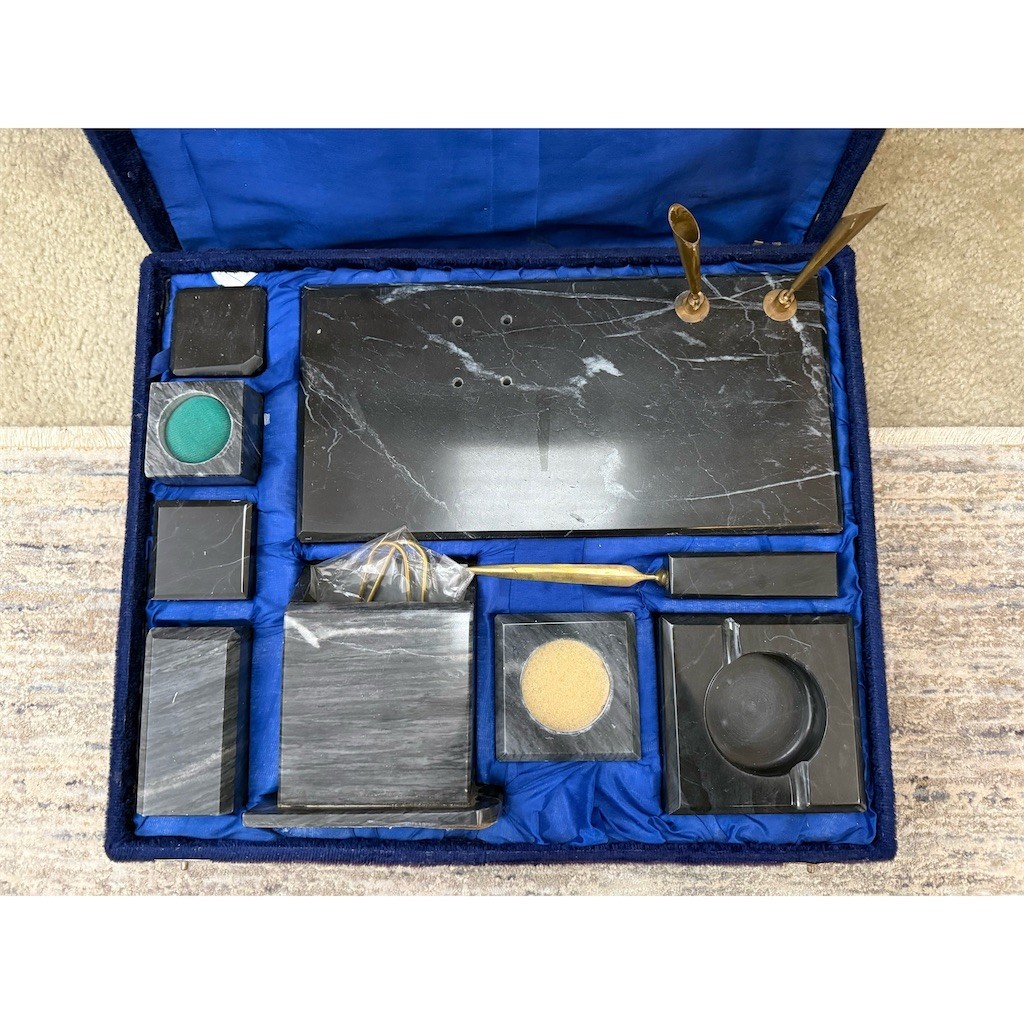 Vintage Marble Desk Set Dual Pen Holders Blotter Inkwell Blue Case
