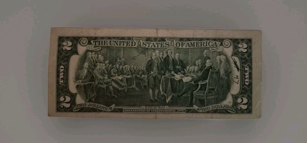 Miscut 1976 $2 Jefferson Bill - GA Block Error Note Misaligned Avg Condition