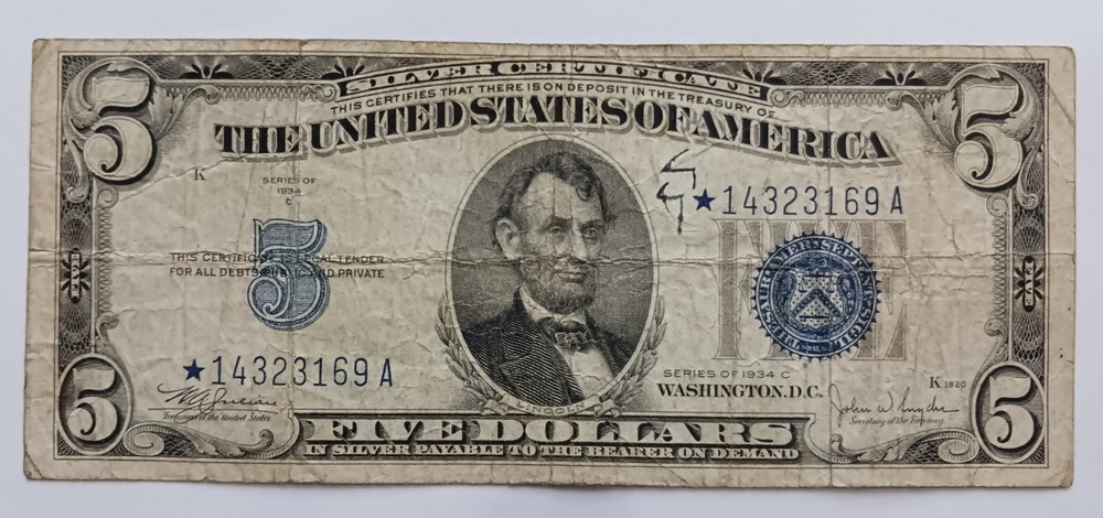 $5 Silver Certificate 1934C star note 5 dollars