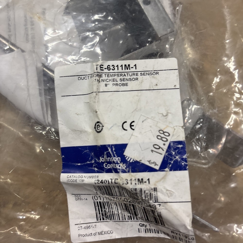 Johnson Controls TE-6311M-1 Duct Probe Temperature Sensor, 1k Nickel Sensor, 8".