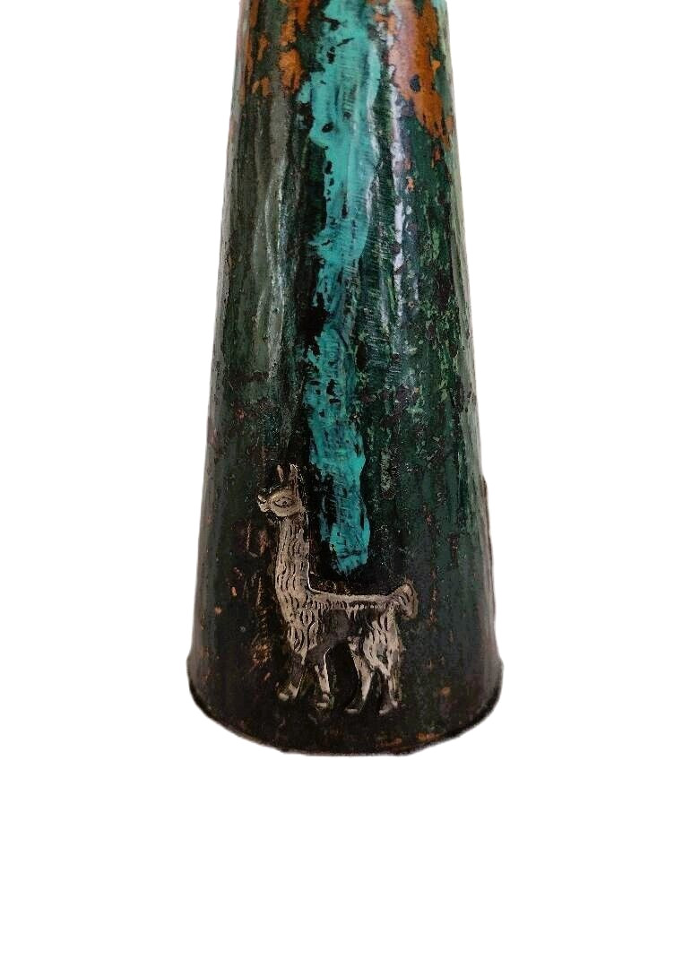 1960’s Peru Copper 7" Candle Holder Pair Inlaid Silver Incan Motif Deities Llama