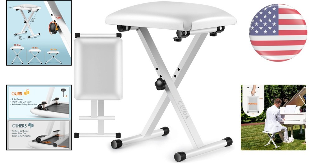 Padded Adjustable Height Piano Stool with X-Style Frame - Lightweight & Portable