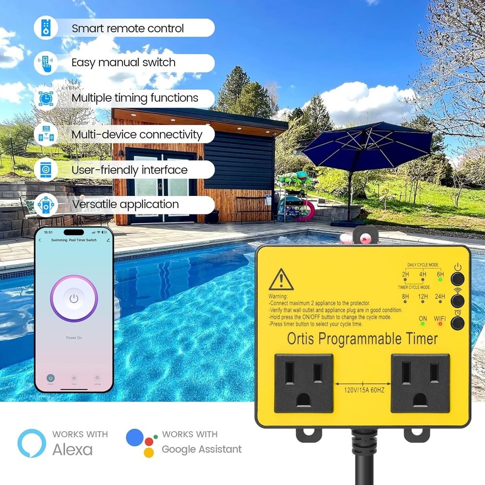 WiFi Pool Timer Switch for Smart Life App Control - Dual Socket Convenience