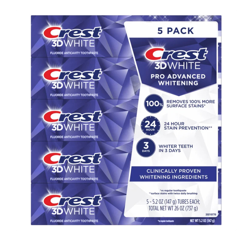 Crest 3D White Pro Advanced Whitening Toothpaste 5x 5.2oz Tubes