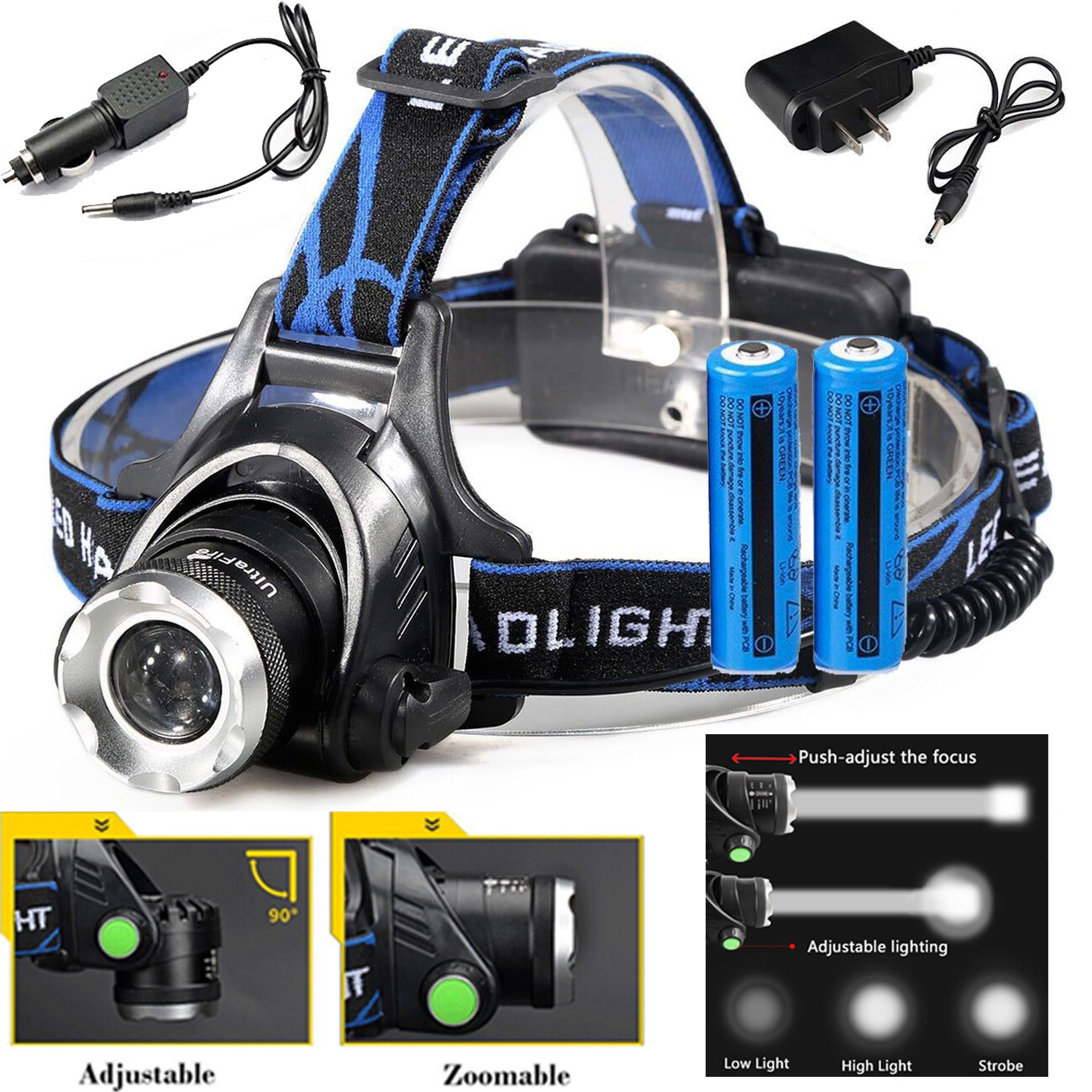 990000LM Super Bright LED Headlamp Rechargeable Headlight Flashlight Head Torch