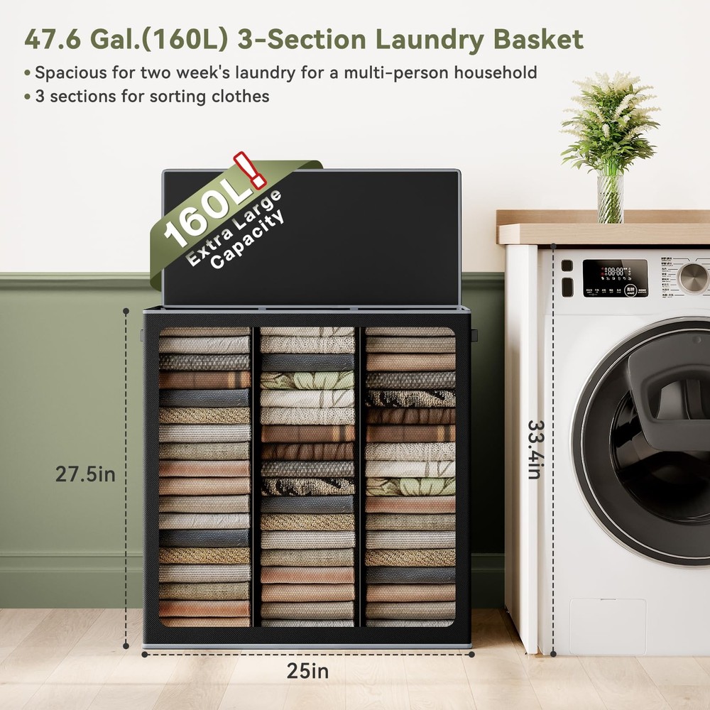 160L Laundry Hamper 3 Section Extra Large Lid Dirty Clothes Sturdy Handle