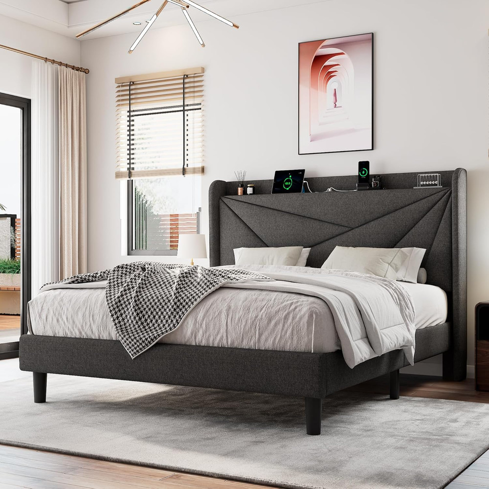 Einhomn Queen Bed Frame with Headboard, Upholstered Platform Bed Frame with Char