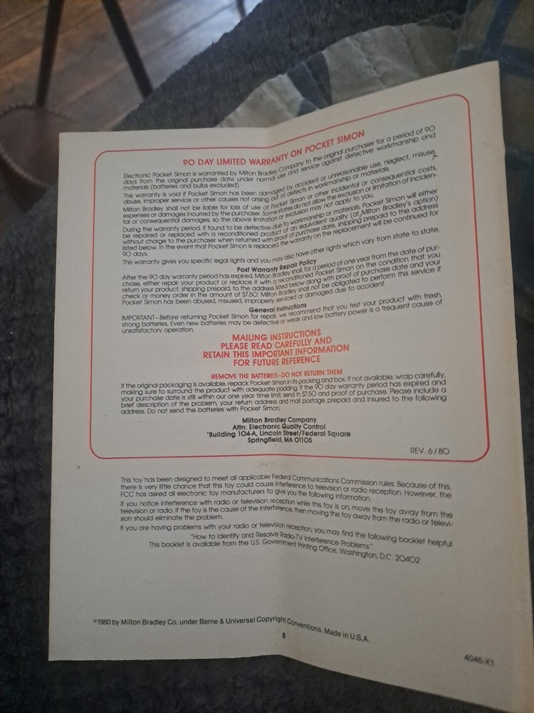 Vintage 1980 Milton Bradley Pocket Simon Handheld Replacement Instructions