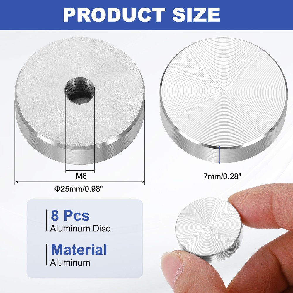 8pcs M6 Thread 25mm Diameter Round Shape Aluminum Disc Hardware, Silver