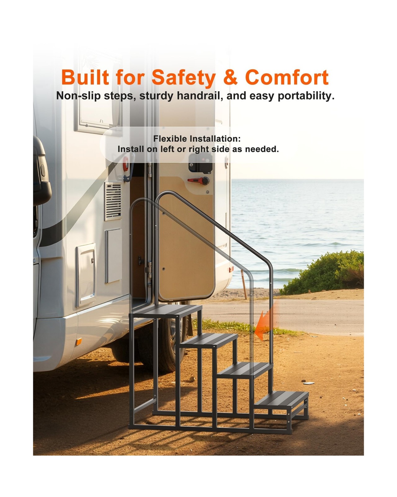 RV Steps with Handrail, 4 Steps RV Stairs w/Handrail for Elderly & Kids, Wide...