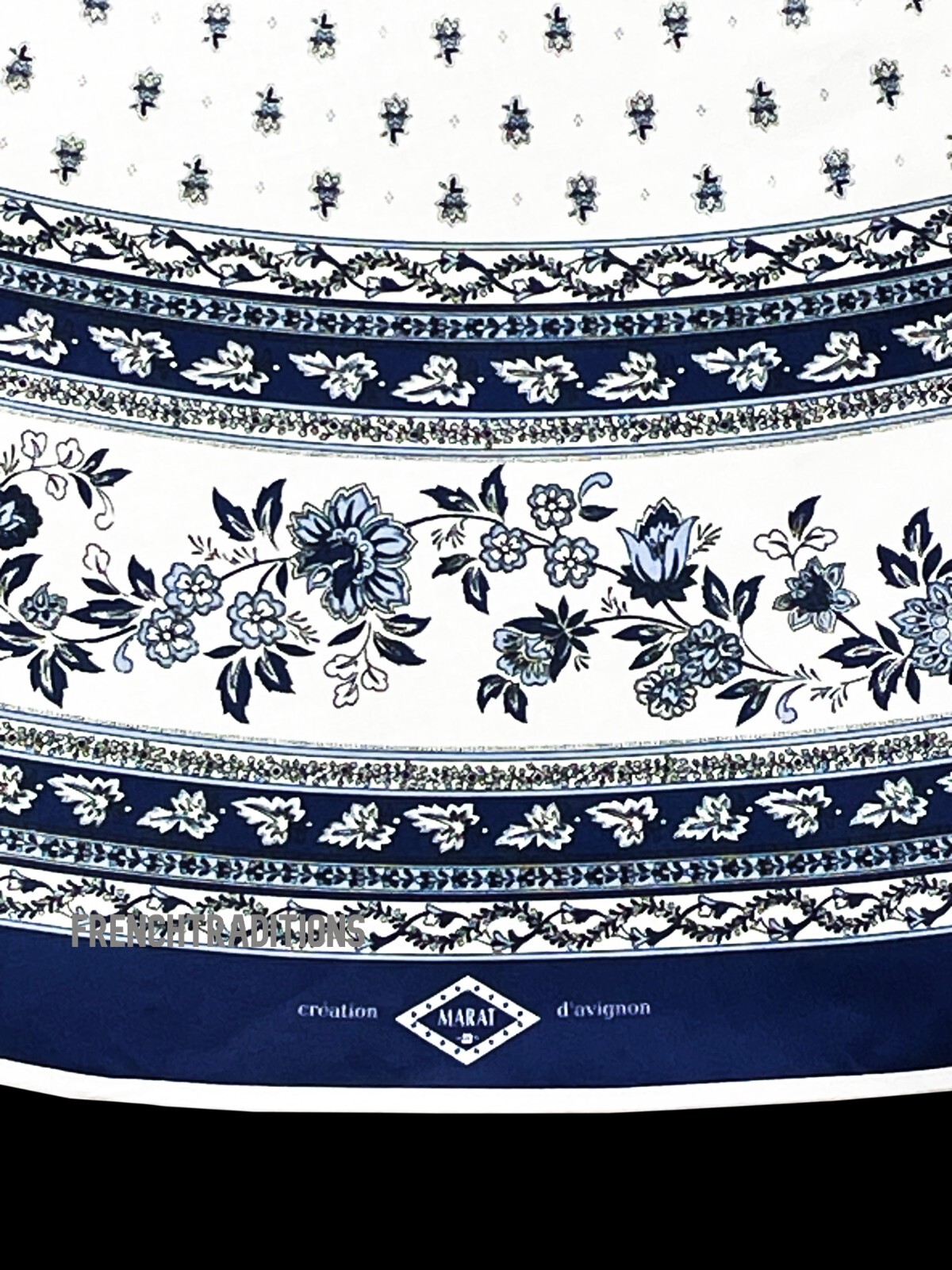 French Provencal Coated Tablecloth Flowers Blue & White 71" Made in France