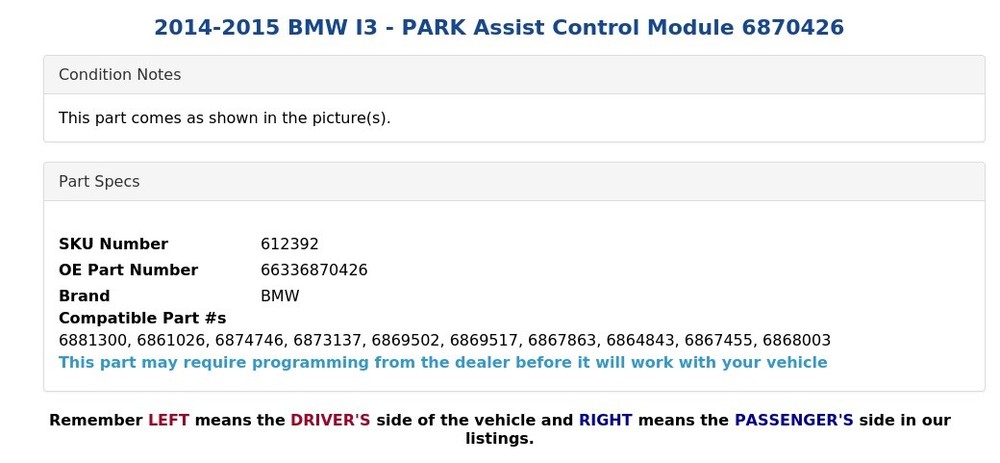 2014-2015 BMW I3 - PARK Assist Control Module 6870426