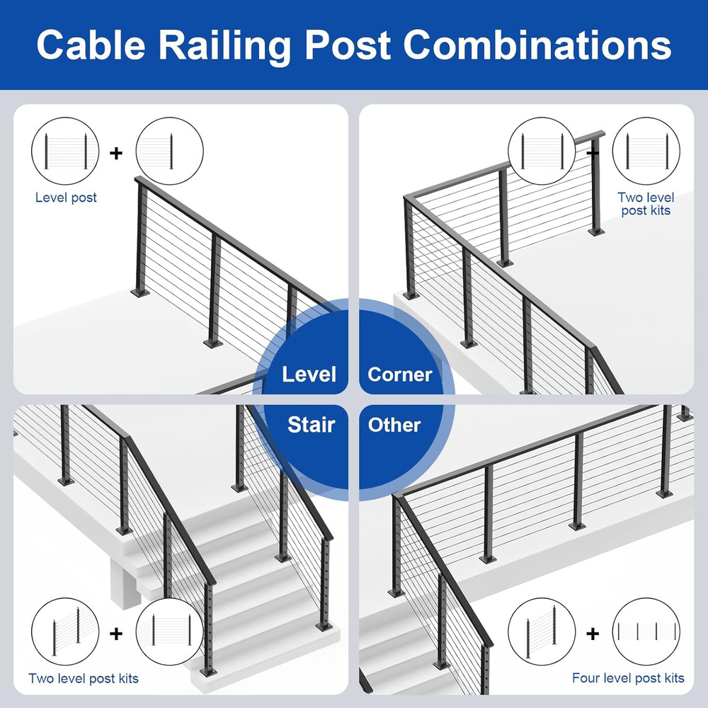 Complete Set 36" Cable Railing Post Kit, Black Surface Mount Adjustable Top Cabl