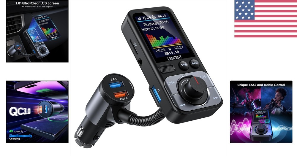 Bluetooth 5.0 FM Transmitter with 1.8'' LCD - Fast Charging & Hands-Free Calling