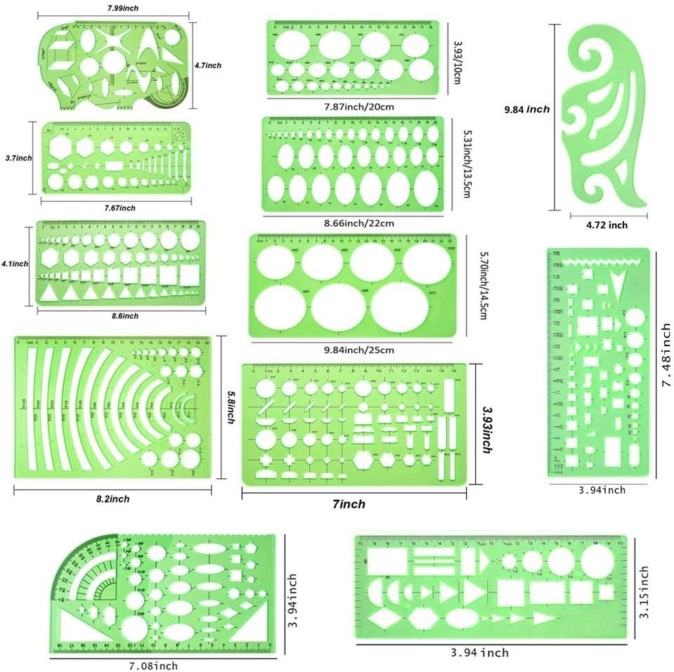 11pc Geometric Drawing Template Set Plastic Drafting Stencils School & Office