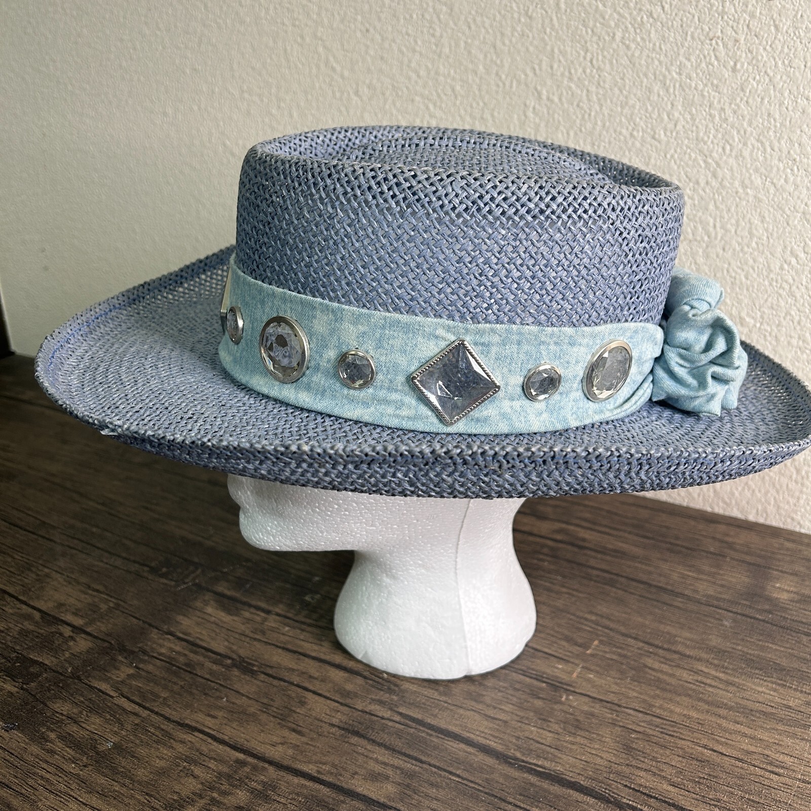 VINTAGE Something Special Straw Hat 1980s Gantos Blue Embellished Derby 3425