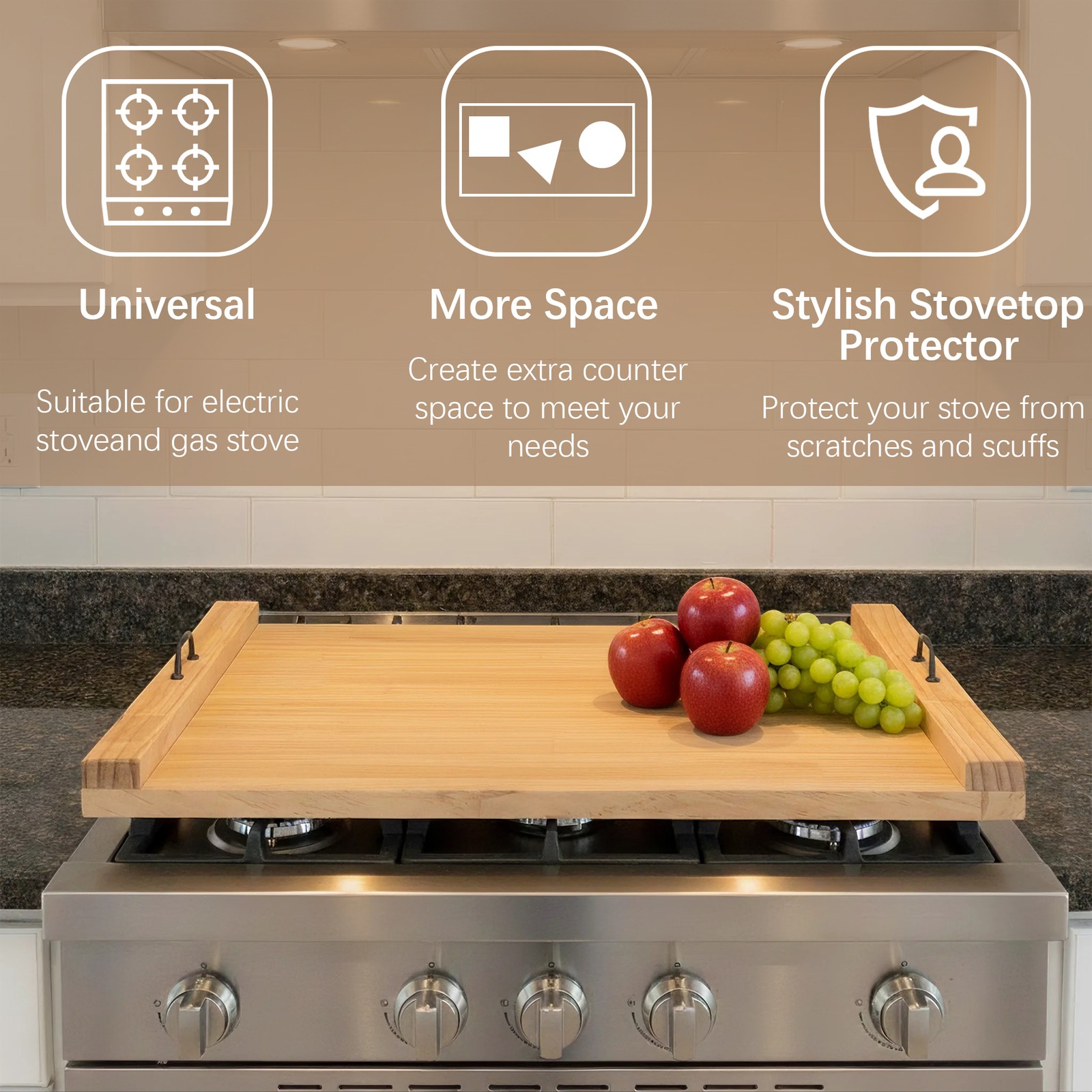 Wood Stove Top Cover Pine Noodle Board w/ Handles for Gas Electric Stove Top 30"