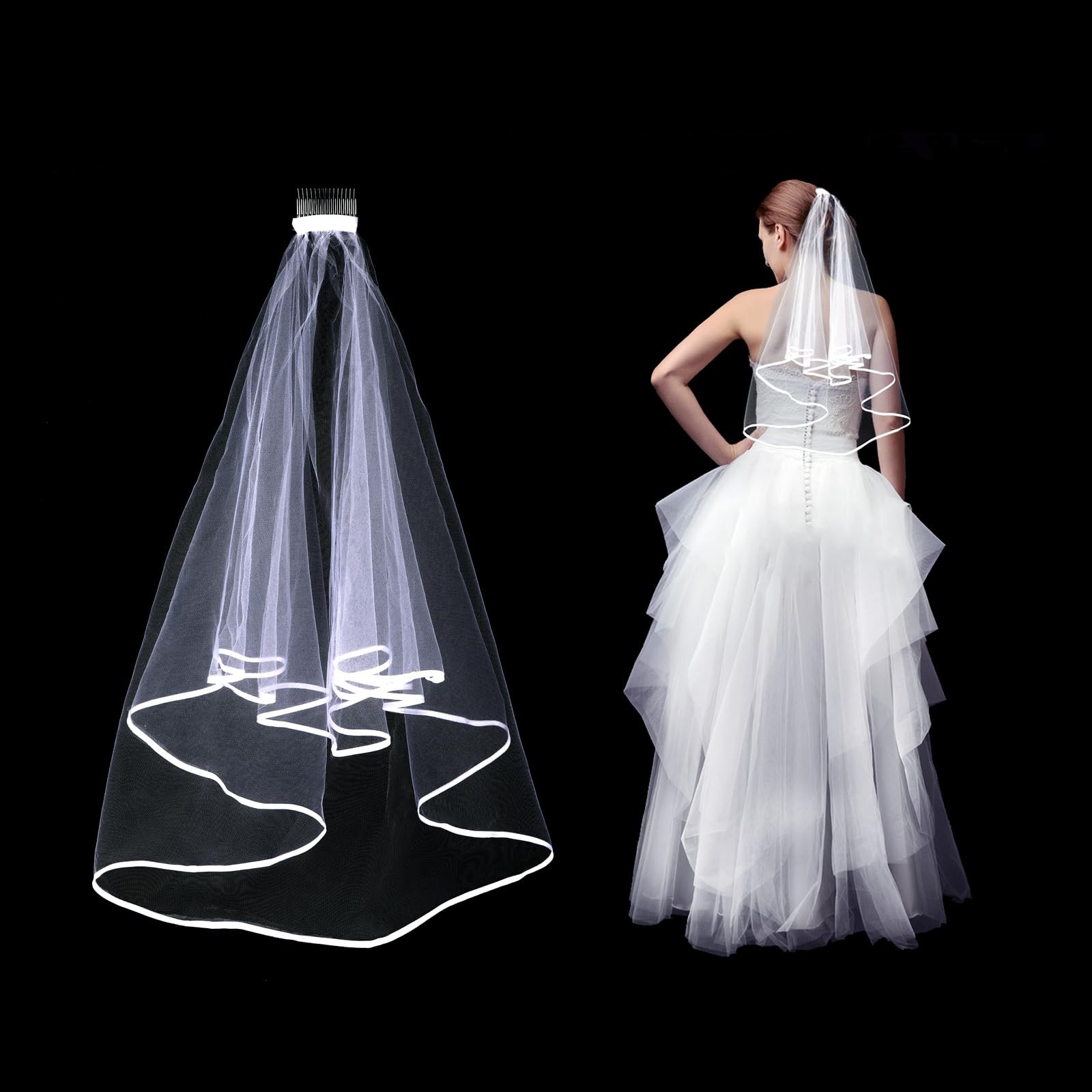 Short Wedding Bridal Veil with Comb, 2 Tier Tulle Bride Veil Elbow Length Wed...