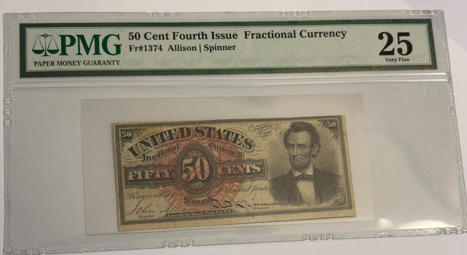 Fourth Issue 50 Cents Fractional Currency Note Fr. 1374 Lincoln PMG 25 Very Fine