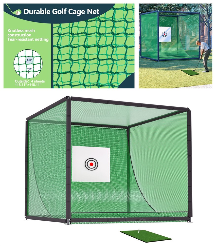 10FTX10FT Golf Practice Net Cage Metal Frame Hitting Net Kit Training Simulators