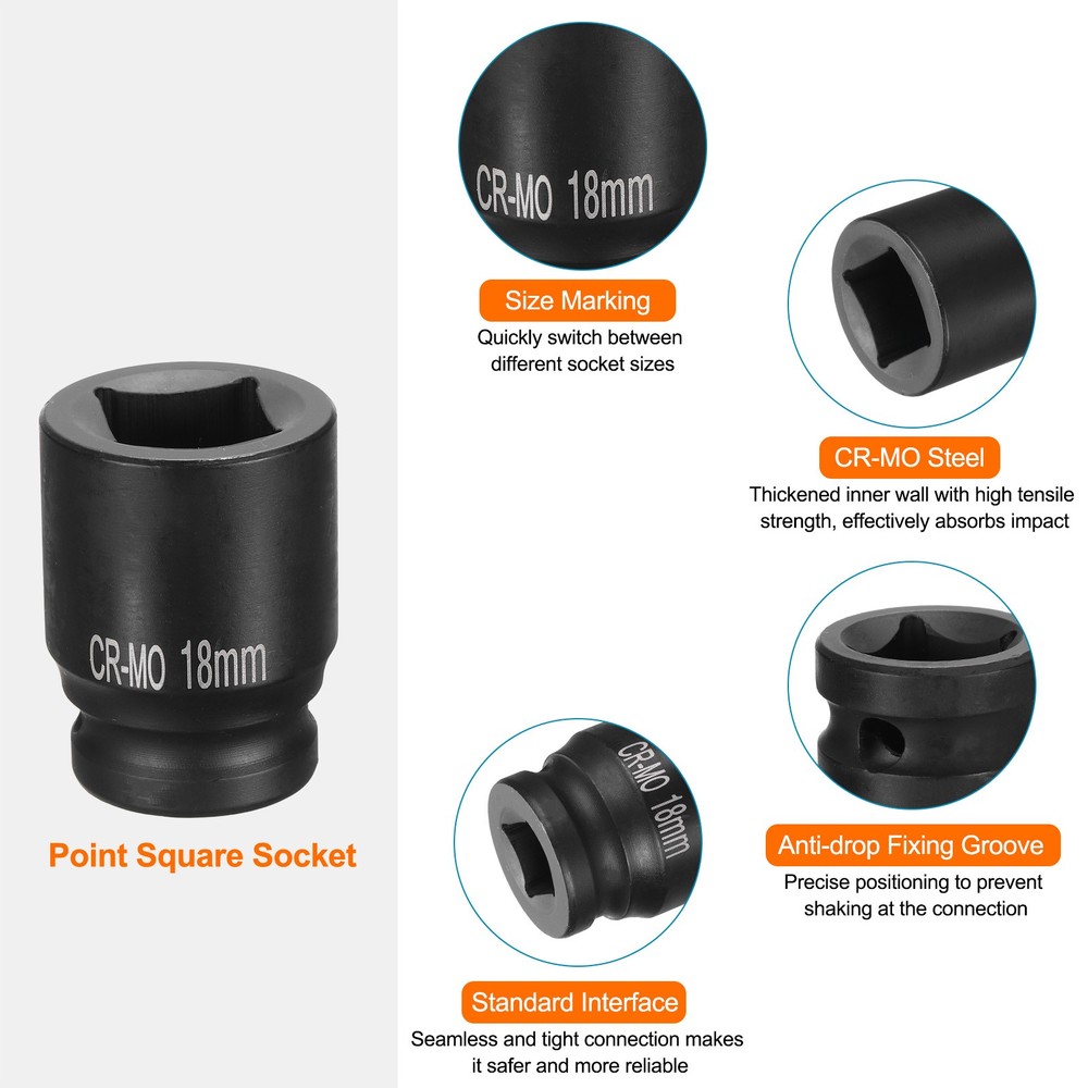 4 Point Square Socket 1/2" Drive 18mm Metric CR-MO Square Impact Wheel Socket