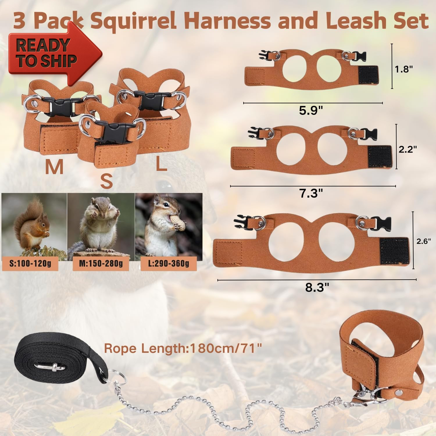 3 Pack Squirrel Harness and Leash Set - Adjustable Soft Leather & Traction Rope
