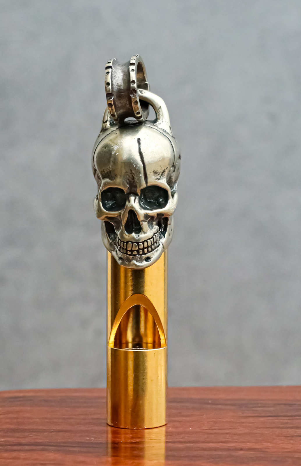 Solid Brass And Steel Ghost Skull Head Death Whistle With Key Chain Ring