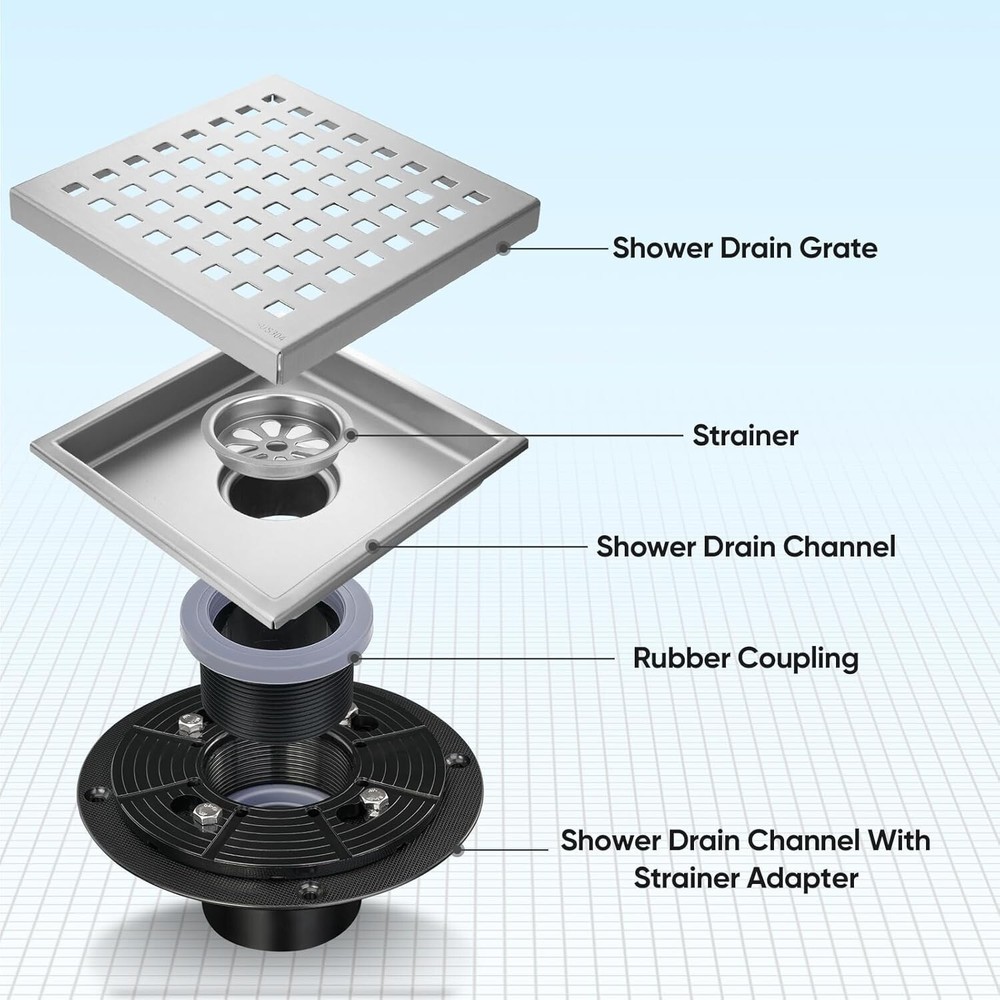 TICONN 6'' Square Removable Floor Shower Drain, Rustproof SUS 304